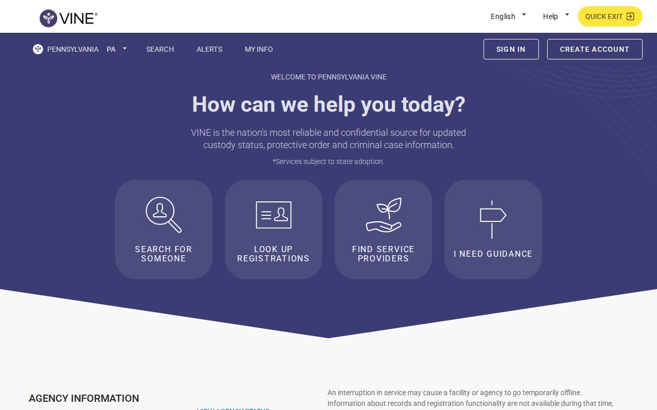 Pennsylvania VINELink custody search interface