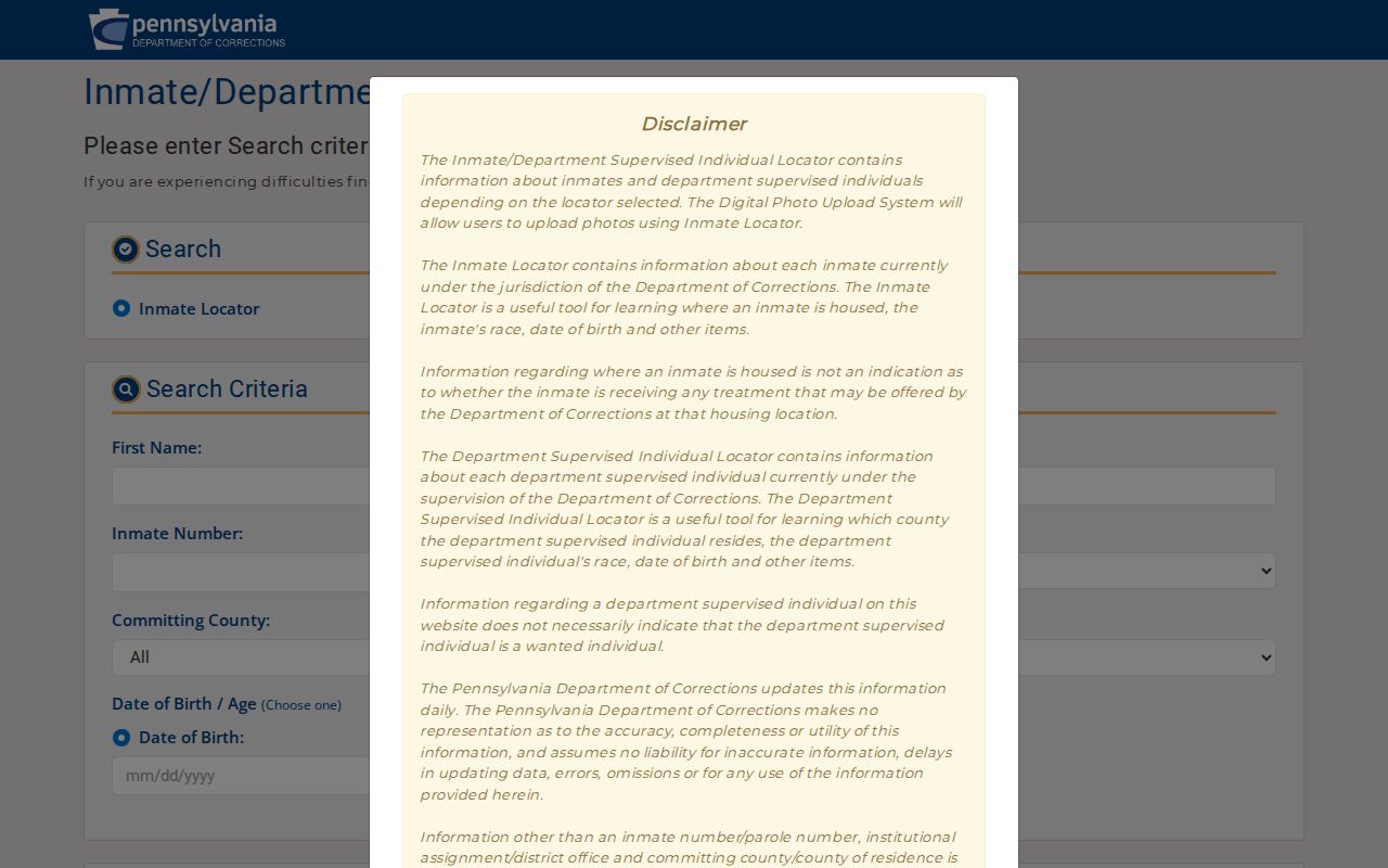 Pennsylvania DOC inmate and supervised individual locator