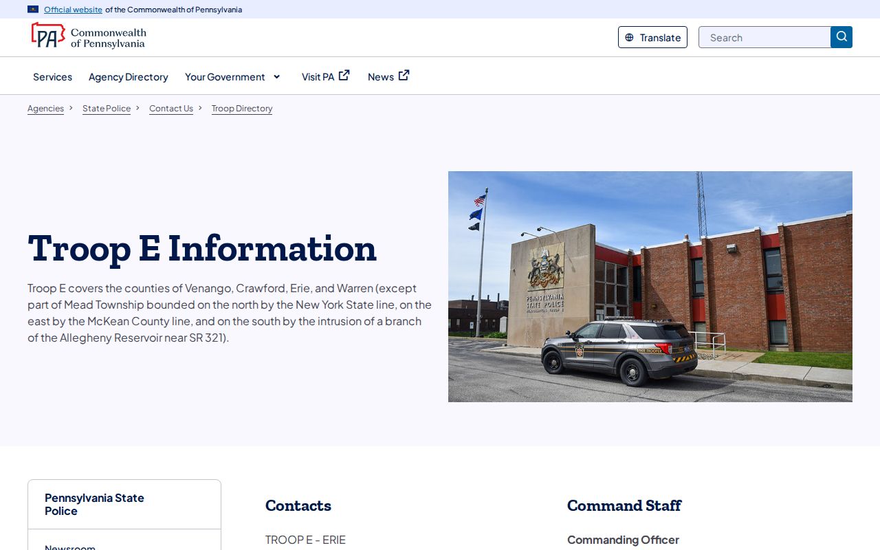 Pennsylvania State Police Troop E station directory