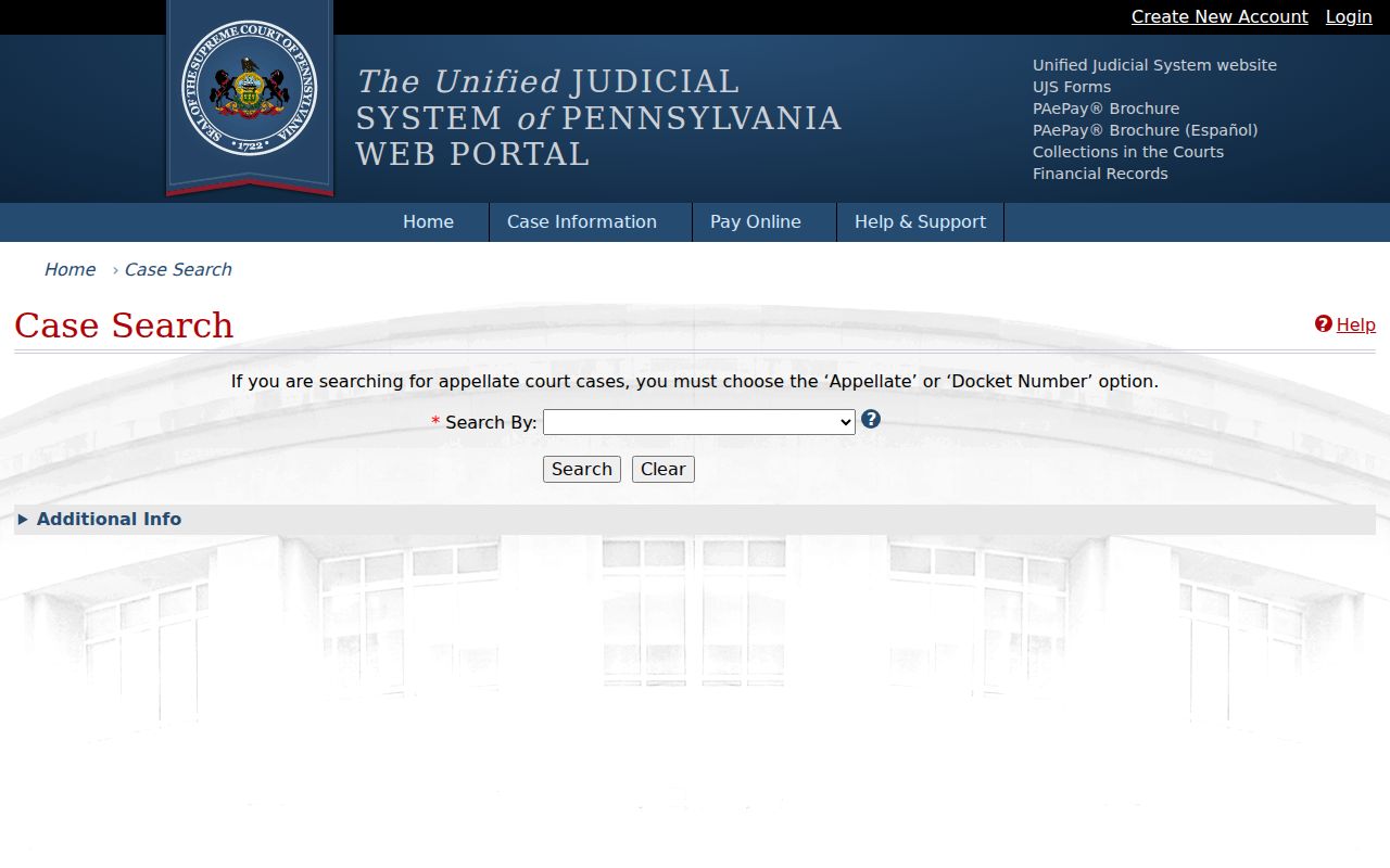 UJS public calendar and Crawford County case search options