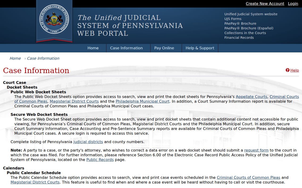Unified Judicial System case information options for Crawford County