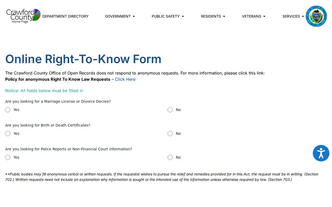 Crawford County Pennsylvania online open-records request form