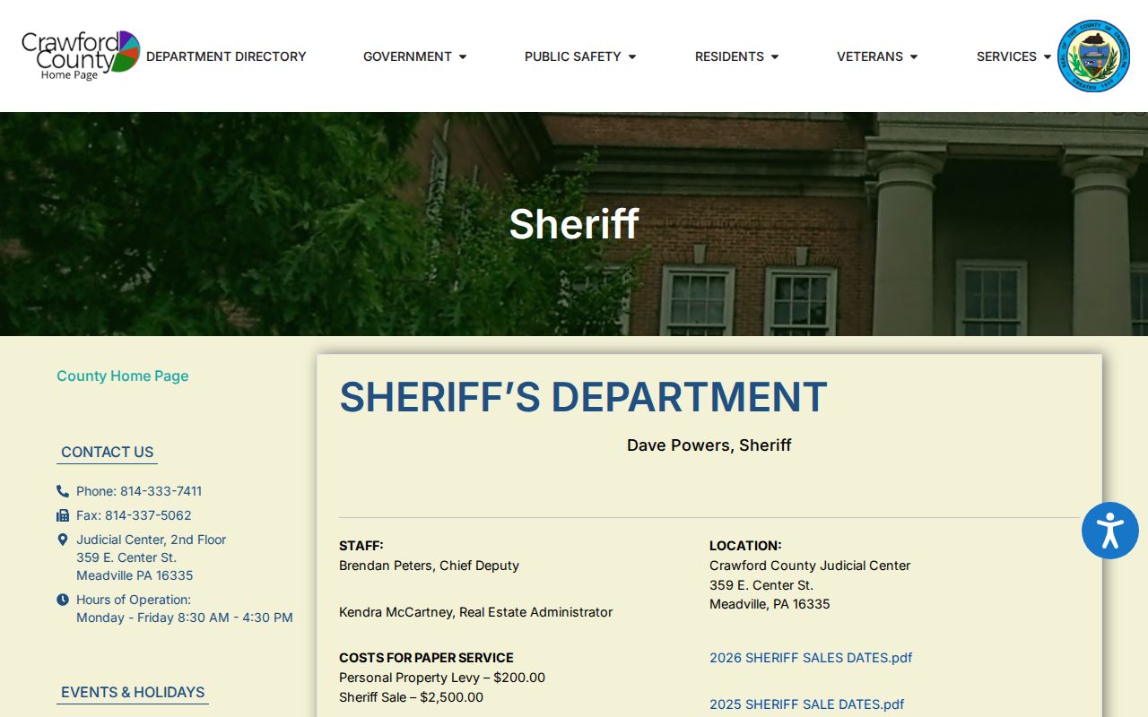 Crawford County Sheriff official office page for warrant and records routing