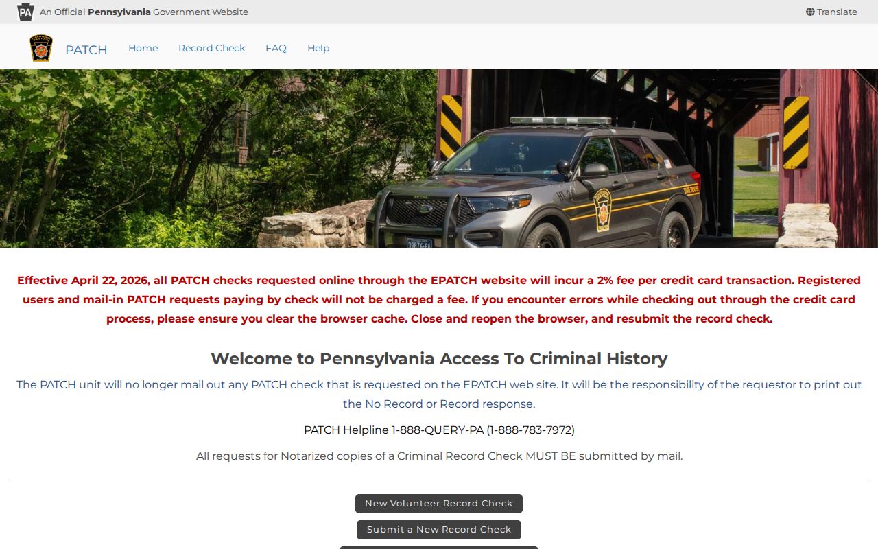 Pennsylvania PATCH criminal history request portal used for Crawford County checks