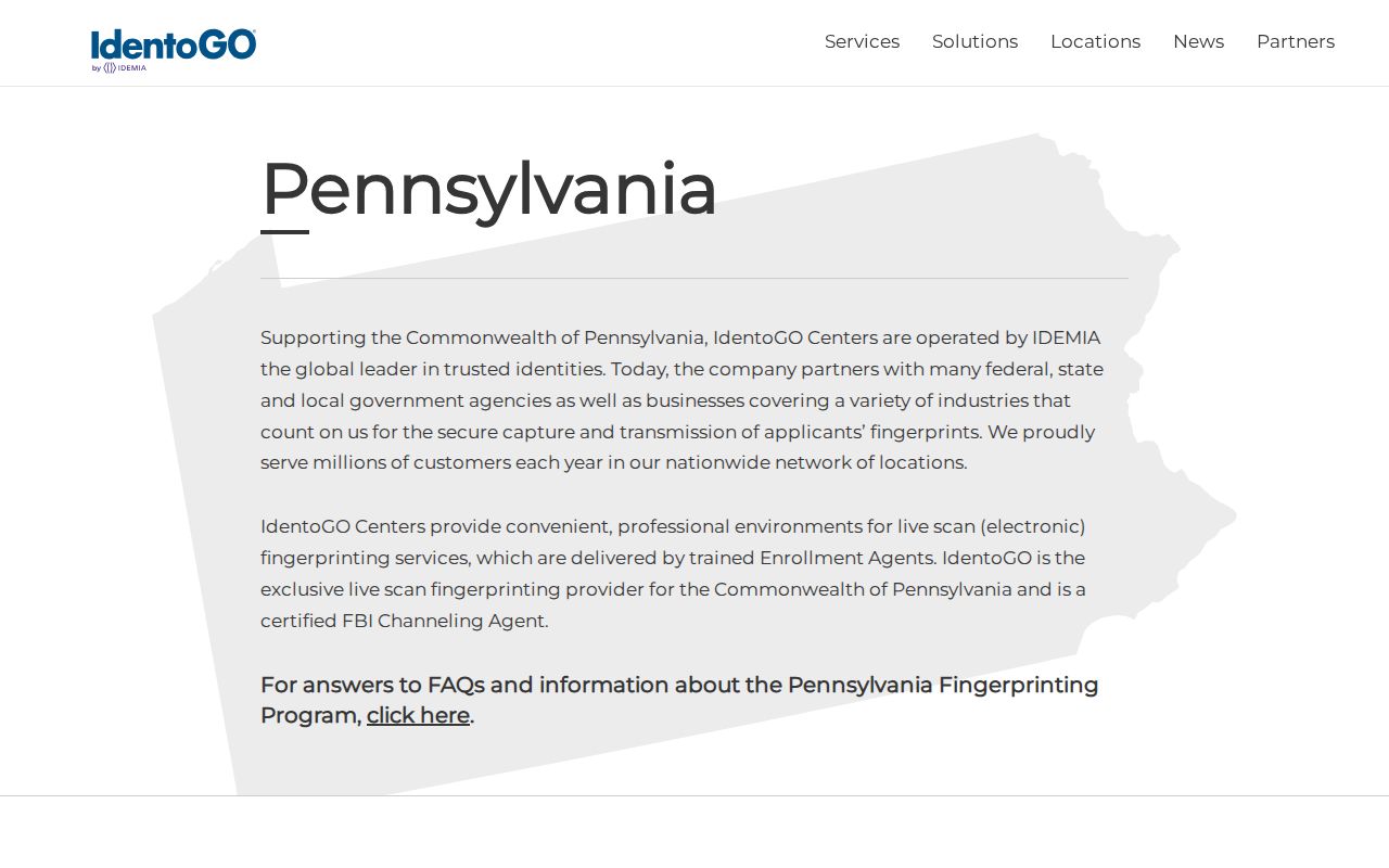 IdentoGO Pennsylvania fingerprint location channel for authorized checks