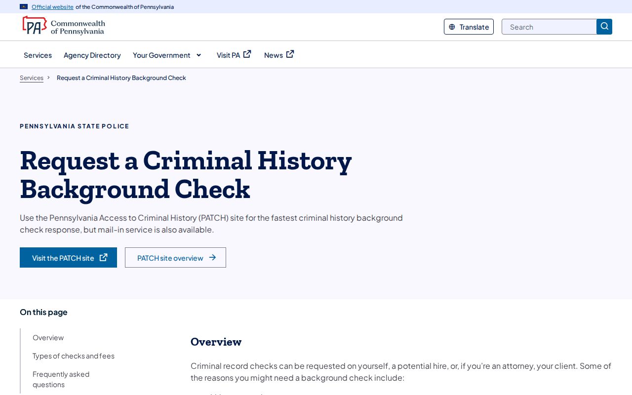 Pennsylvania State Police criminal history check choices and fees